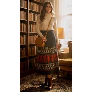 Vintage Wool Maxi Skirt Long Warm Aztec Western Viking Tribal One Size Gray